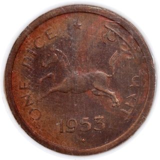 Scarce PCG VF 30 Graded Bronze One Pice Coin of Bombay Mint of Republic India of 1953.